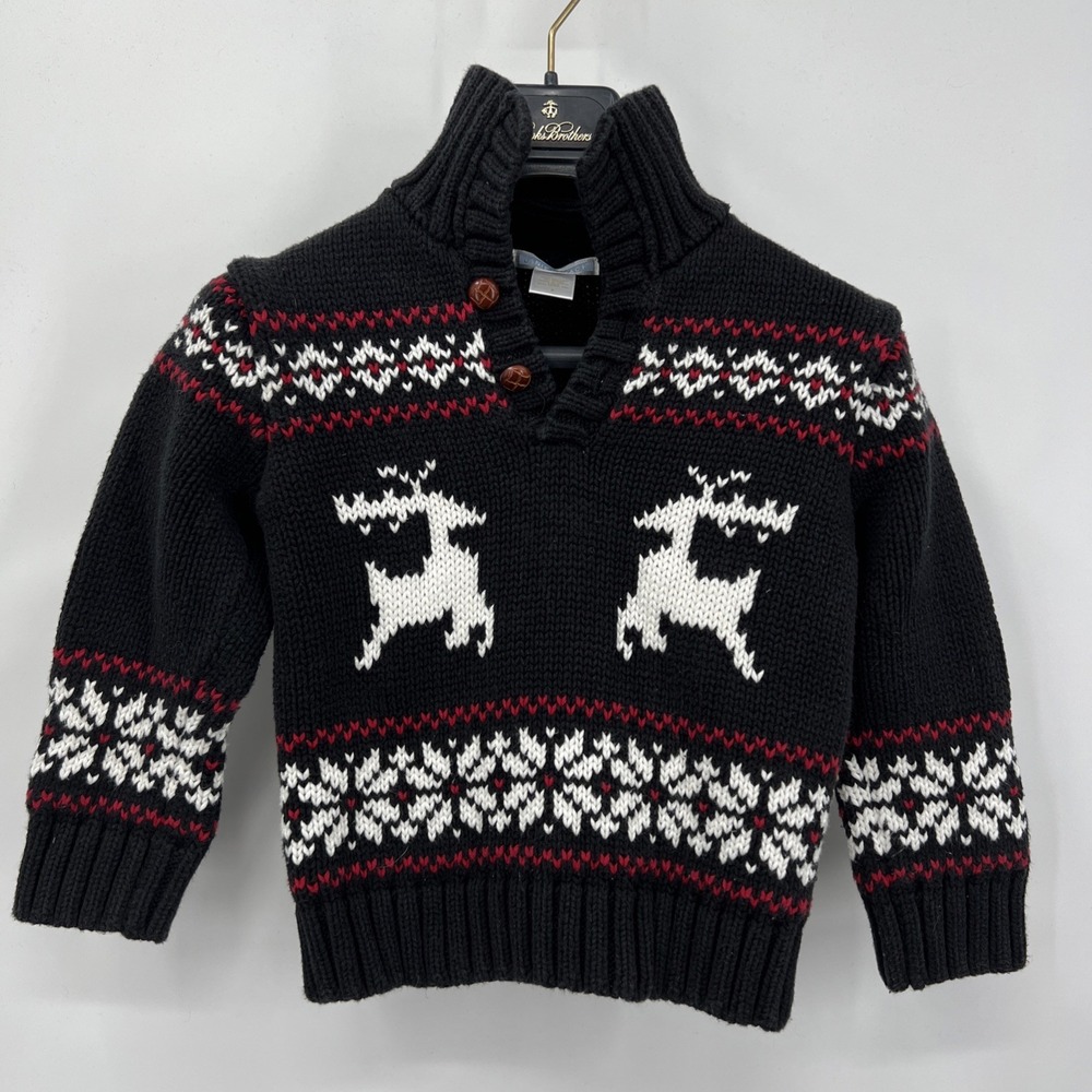 Janie And‎ Jack Fair Isle Blue Collar 1/4 Button Shawl Sweater Size 3 Reindeer